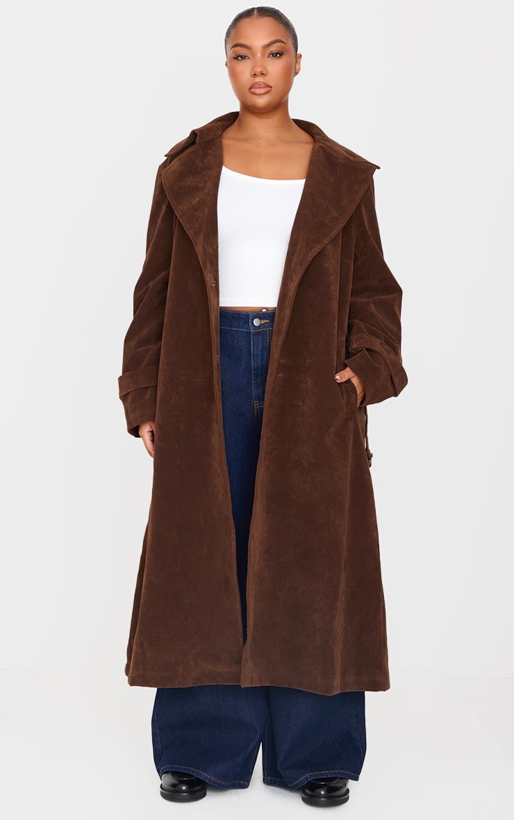 Plus Chocolate Faux Suede Belted Trench Coat 1 Plus Chocolate Faux Suede Belted Trench Coat