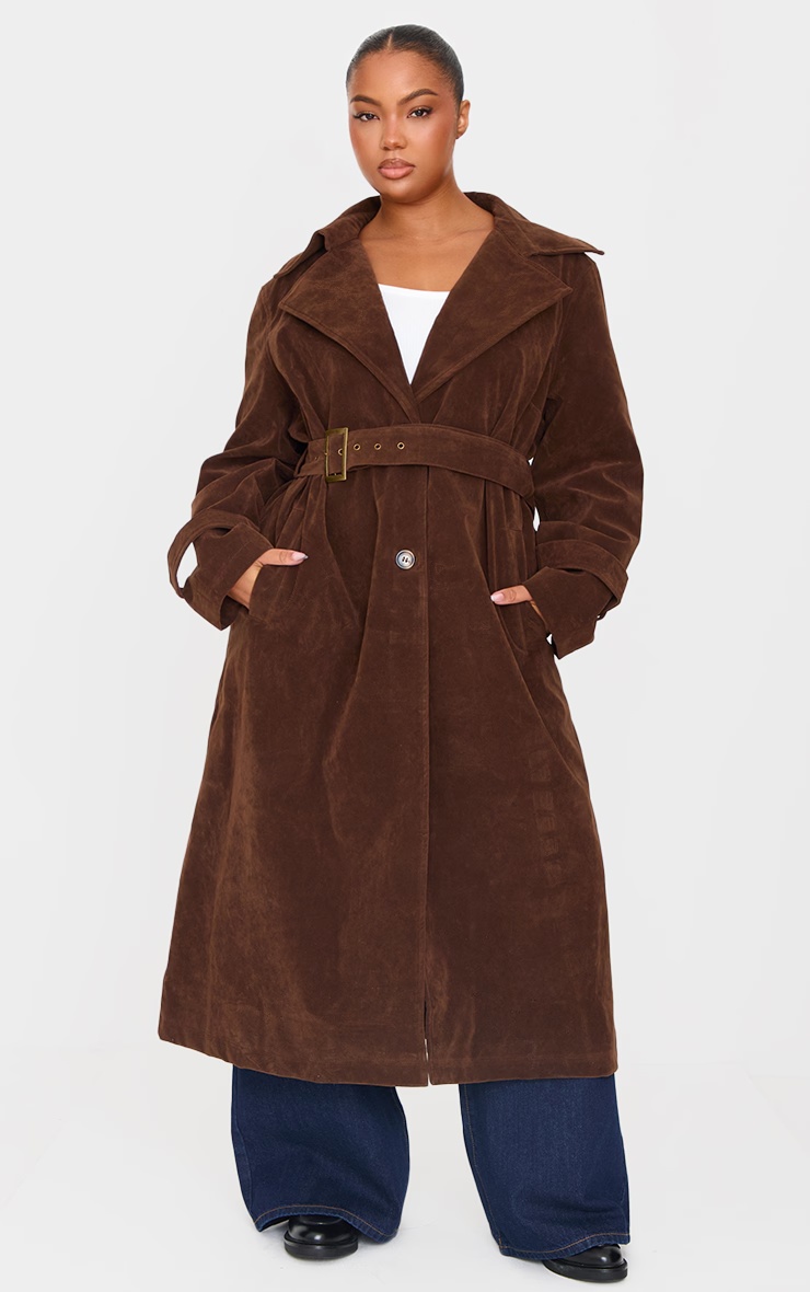 Plus Chocolate Faux Suede Belted Trench Coat 3 Plus Chocolate Faux Suede Belted Trench Coat