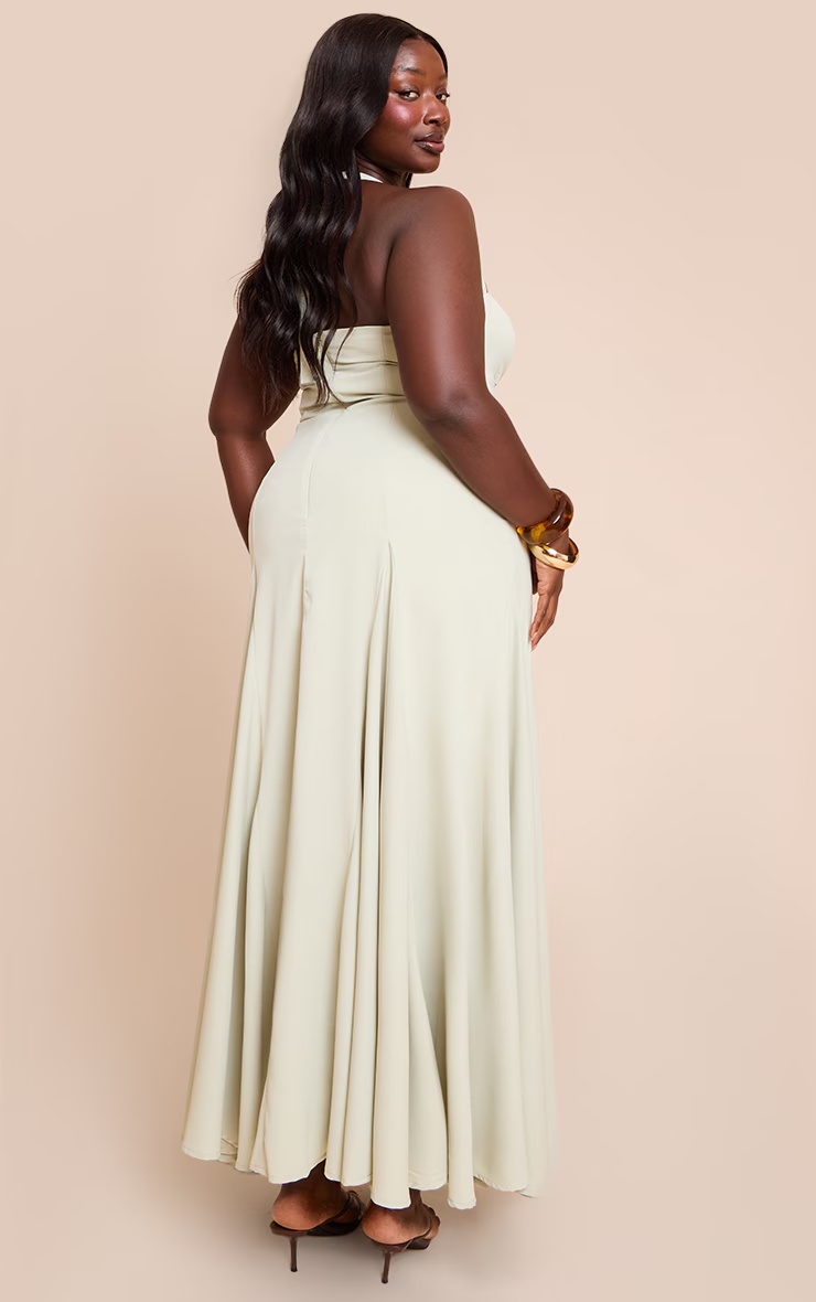 Plus Sage Woven Halterneck Ruched Bust Detail Maxi Dress 2 Plus Sage Woven Halterneck Ruched Bust Detail Maxi Dress