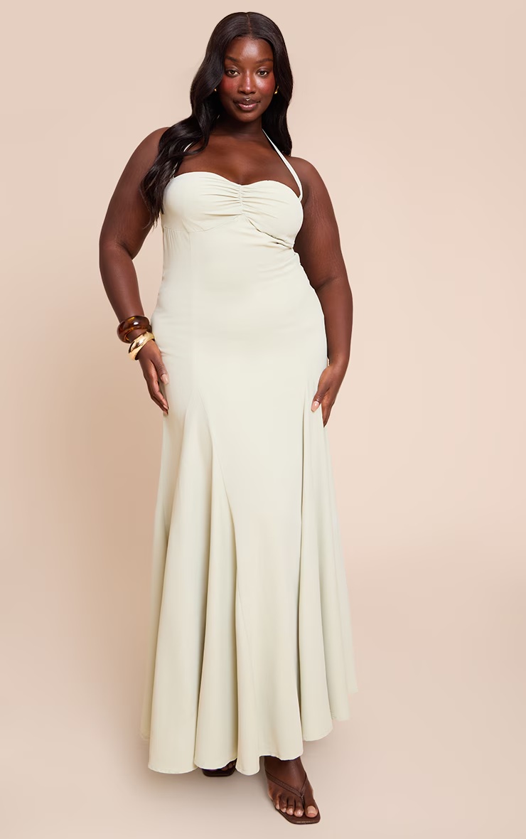 Plus Sage Woven Halterneck Ruched Bust Detail Maxi Dress 4 Plus Sage Woven Halterneck Ruched Bust Detail Maxi Dress