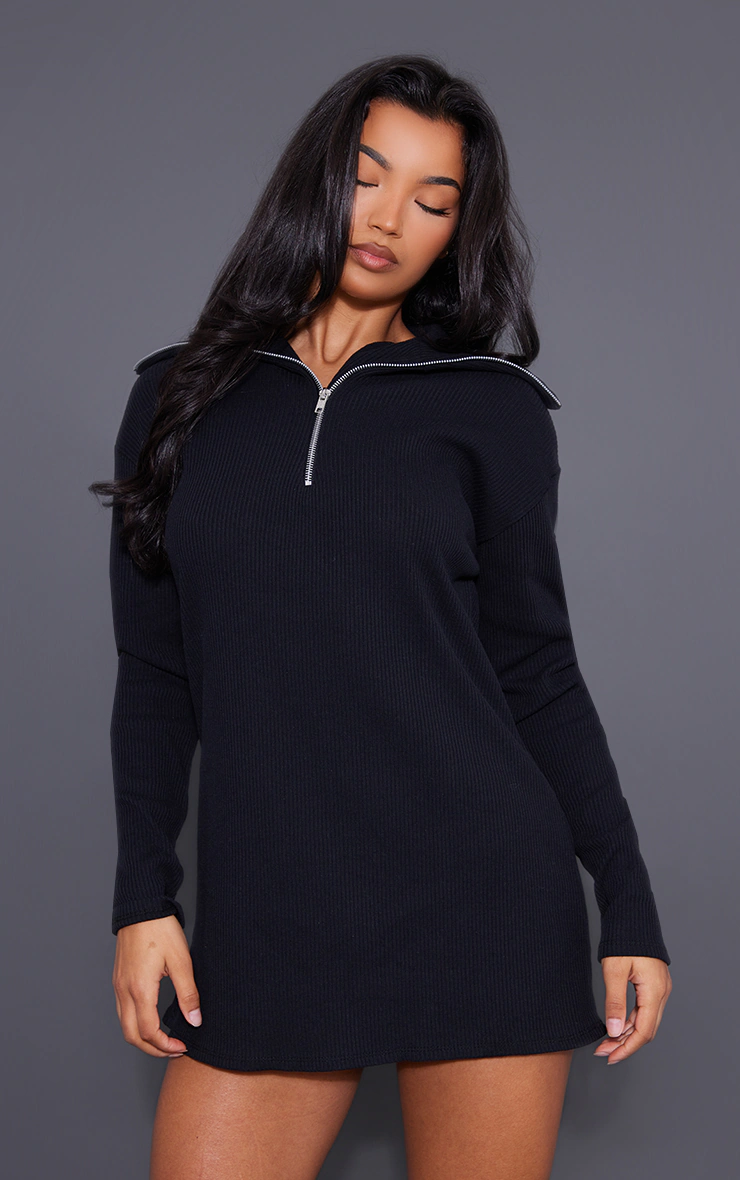 Black Rib High Neck Half Zip Oversized Jumper Dress 3 Black Rib High Neck Half Zip Oversized Jumper Dress
