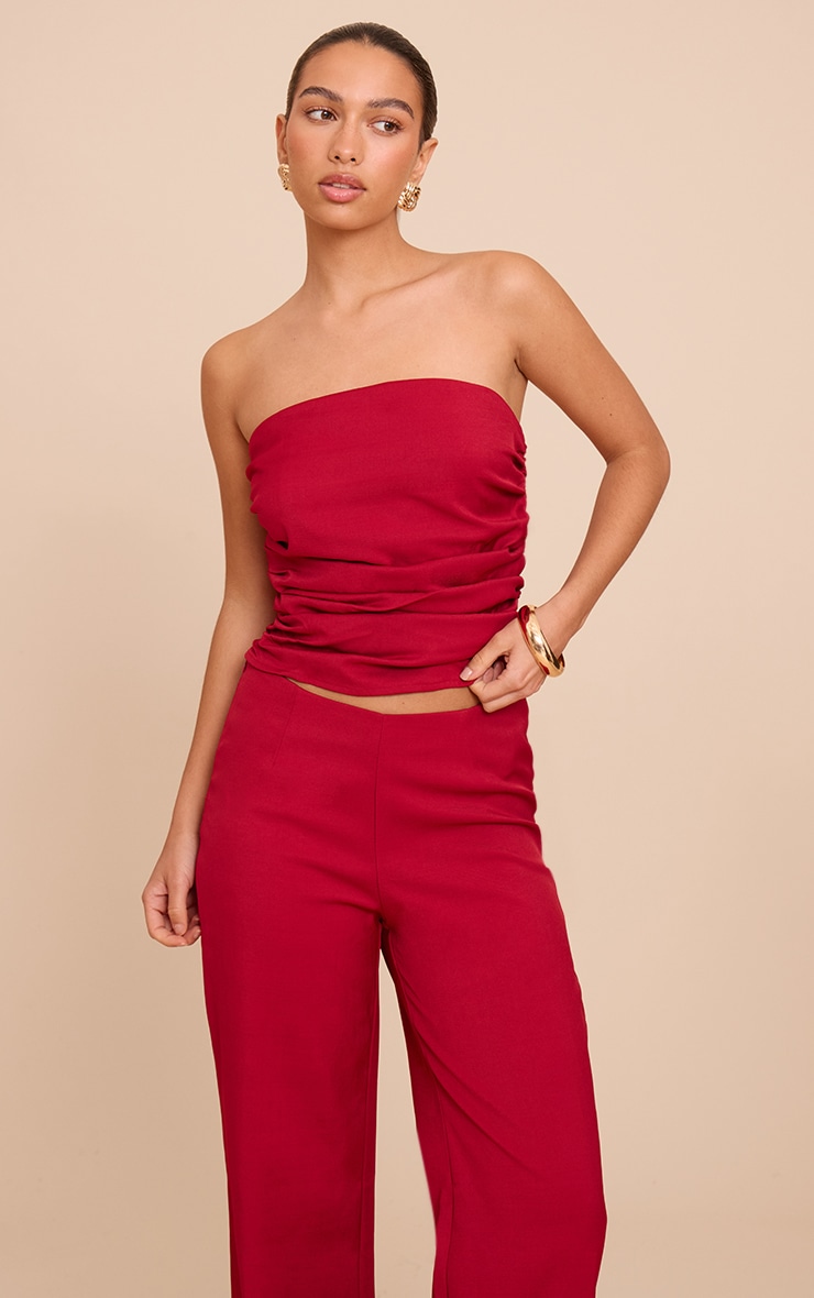 Red Tailored Woven Ruched Bandeau Top 1 Red Tailored Woven Ruched Bandeau Top