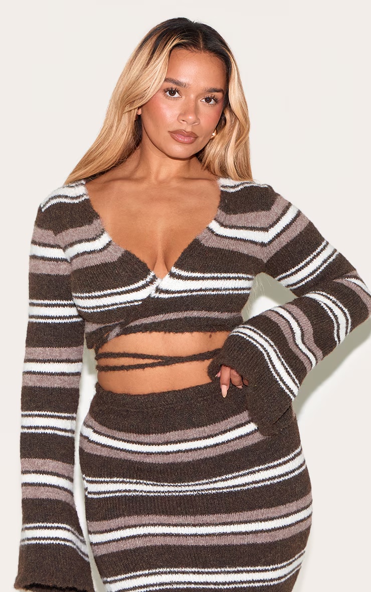 Shape Chocolate Brushed Striped Knit Tie Front Top 4 Shape Chocolate Brushed Striped Knit Tie Front Top
