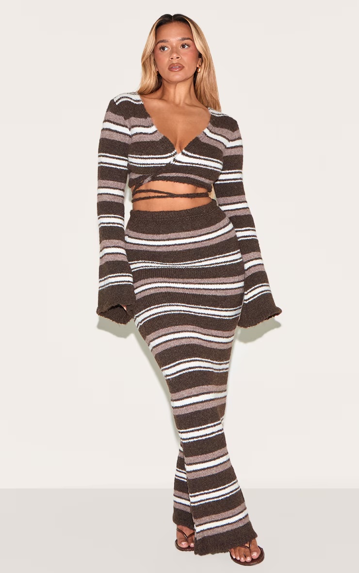 Shape Chocolate Brushed Striped Knit Tie Front Top 6 Shape Chocolate Brushed Striped Knit Tie Front Top