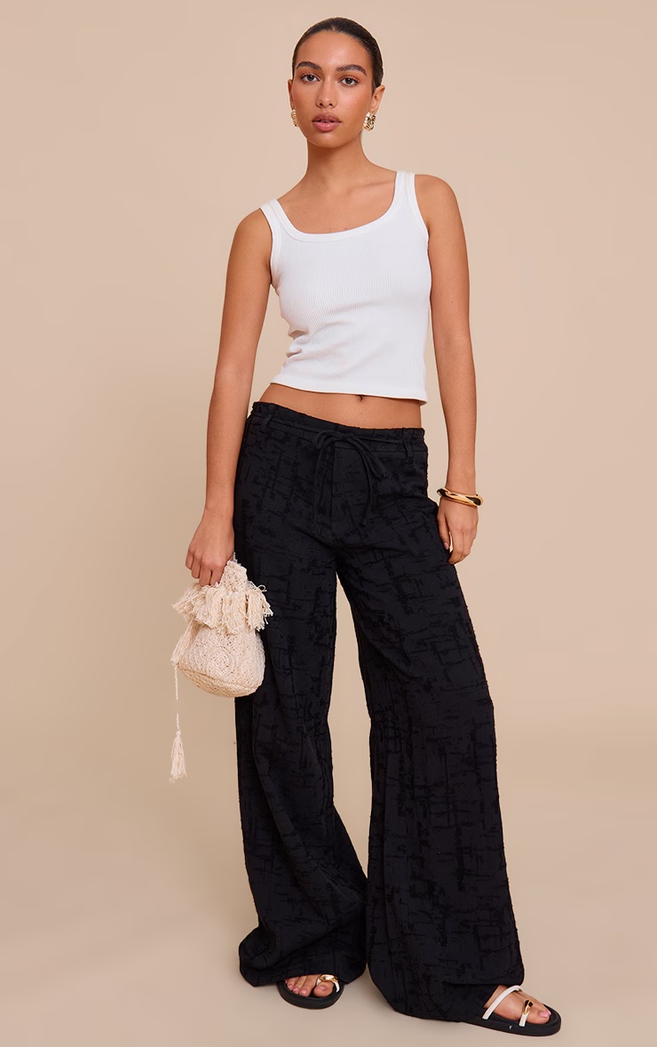 Black Textured Tie Detail Wide Leg Trousers 1 Black Textured Tie Detail Wide Leg Trousers