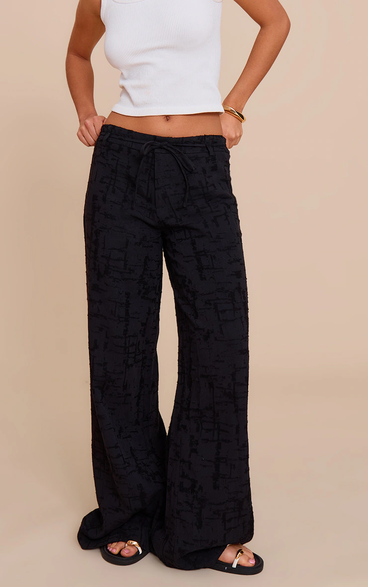 Black Textured Tie Detail Wide Leg Trousers 2 Black Textured Tie Detail Wide Leg Trousers