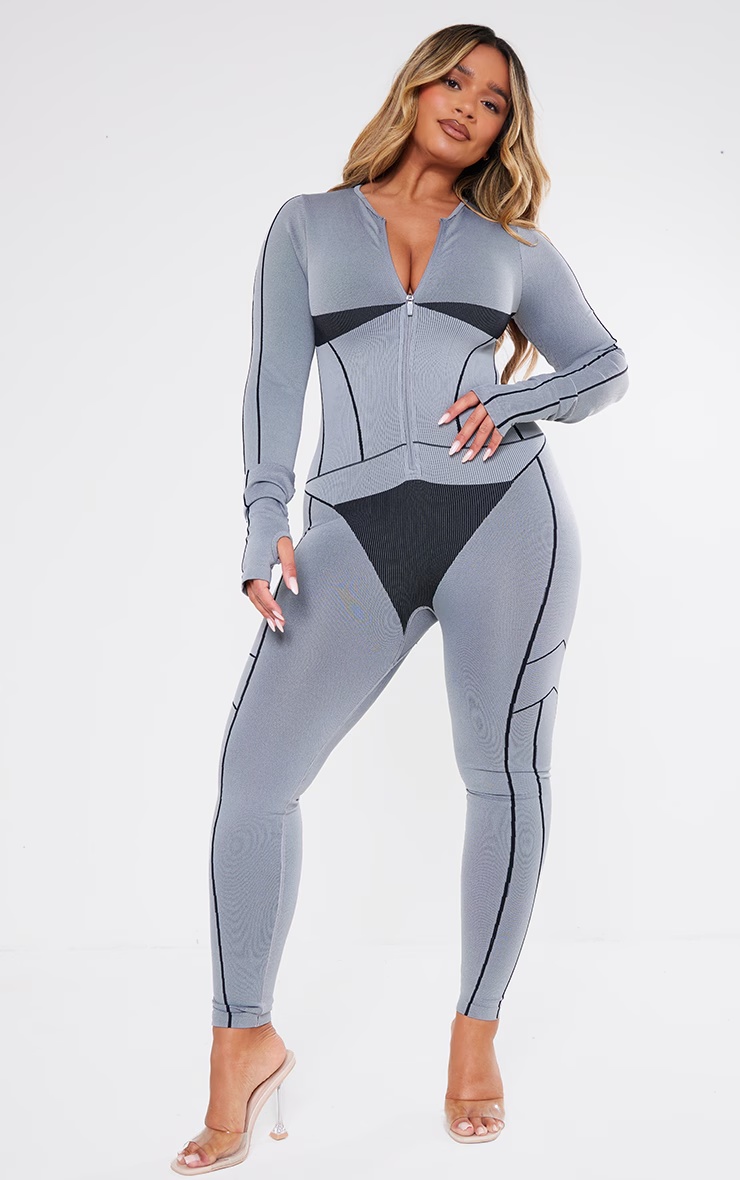 Shape Light Grey Seamless Contrast Long Sleeve Zip Through Jumpsuit 1 Shape Light Grey Seamless Contrast Long Sleeve Zip Through Jumpsuit