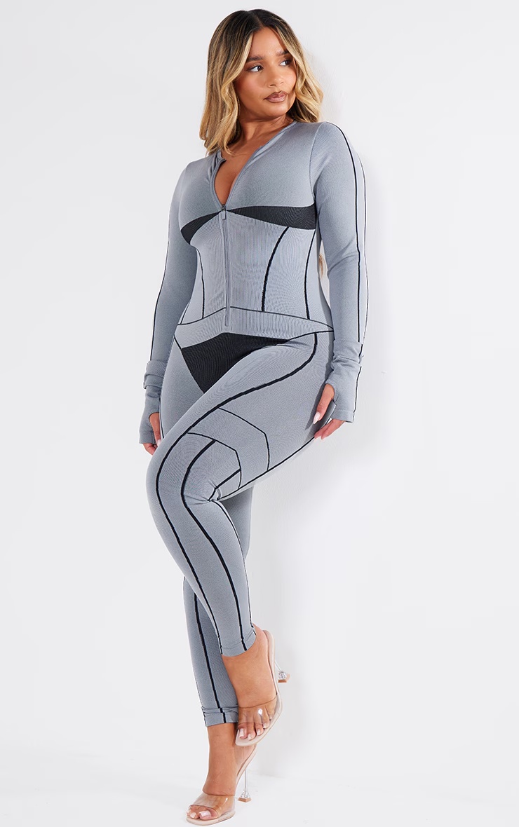 Shape Light Grey Seamless Contrast Long Sleeve Zip Through Jumpsuit 6 Shape Light Grey Seamless Contrast Long Sleeve Zip Through Jumpsuit