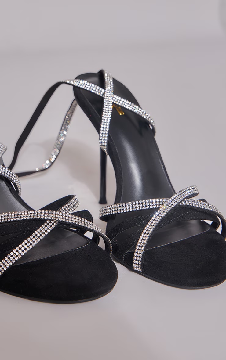 Black Round Toe Diamante Lace Up High Heeled Sandals 3 Black Round Toe Diamante Lace Up High Heeled Sandals