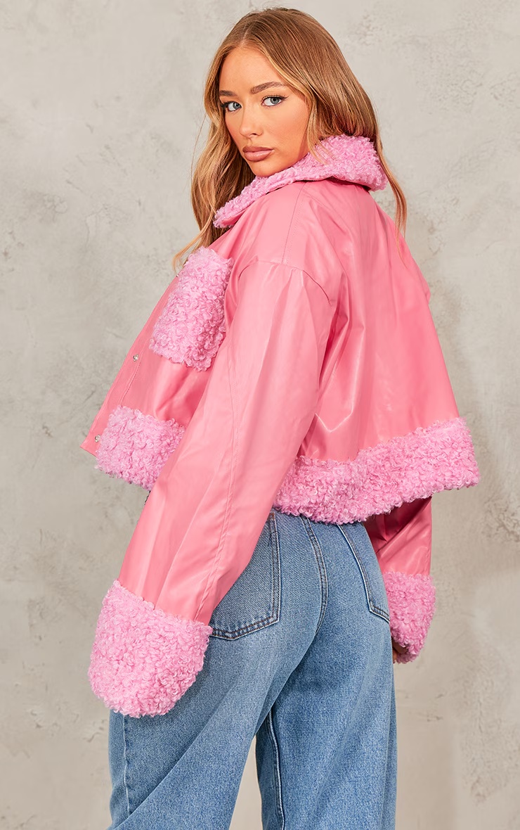 Pink Borg Pocket Front Faux Leather Cropped Coat