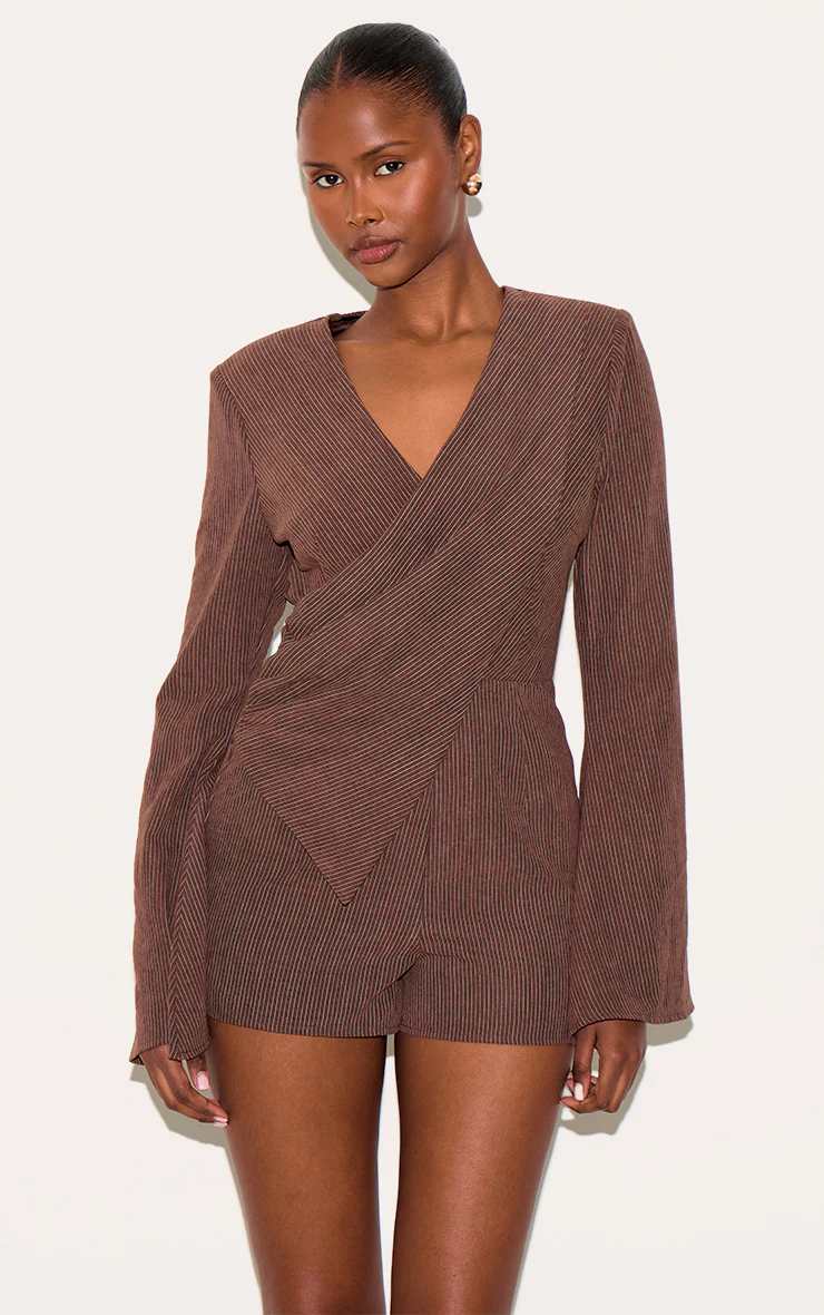 Brown Pinstripe Peachskin Wrap Front Long Sleeve Playsuit 4 Brown Pinstripe Peachskin Wrap Front Long Sleeve Playsuit