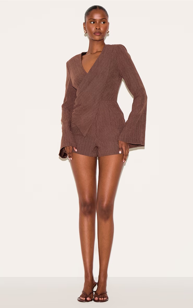 Brown Pinstripe Peachskin Wrap Front Long Sleeve Playsuit 6 Brown Pinstripe Peachskin Wrap Front Long Sleeve Playsuit