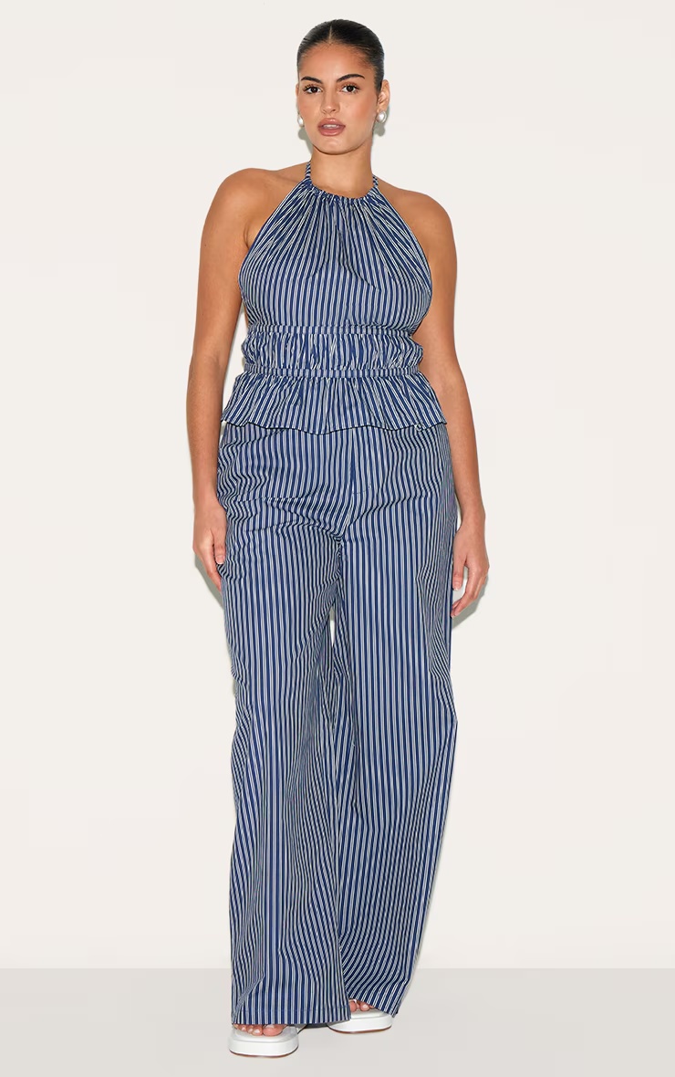 Plus Indigo Stripe Ruched Backless Halterneck Woven Top 3 Plus Indigo Stripe Ruched Backless Halterneck Woven Top