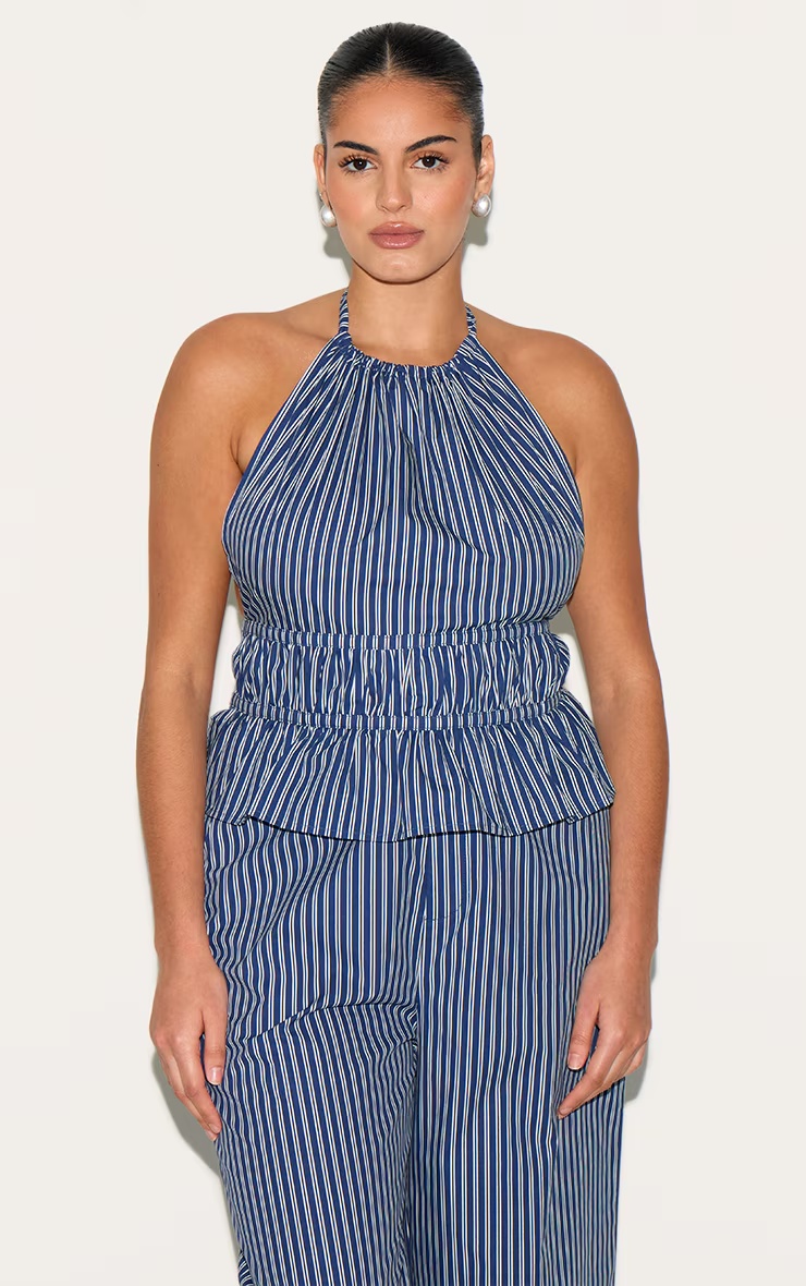 Plus Indigo Stripe Ruched Backless Halterneck Woven Top 4 Plus Indigo Stripe Ruched Backless Halterneck Woven Top