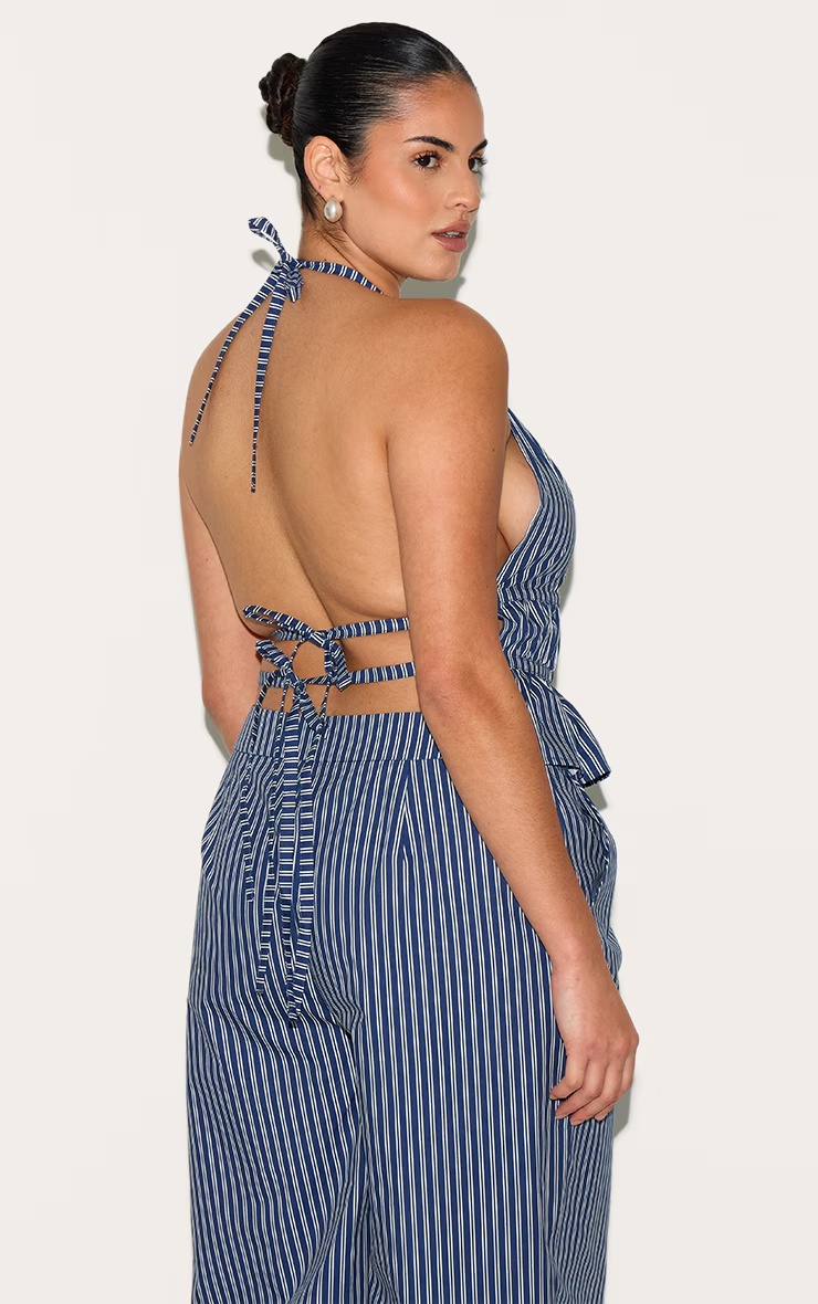 Plus Indigo Stripe Ruched Backless Halterneck Woven Top 5 Plus Indigo Stripe Ruched Backless Halterneck Woven Top
