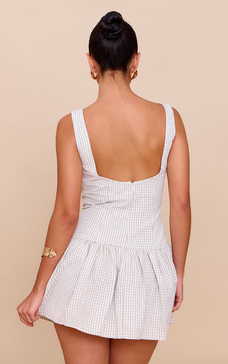Taupe Checked Scoop Back Button Down Shift Dress 2 Taupe Checked Scoop Back Button Down Shift Dress