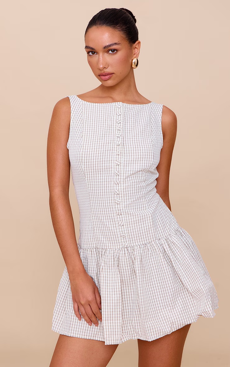 Taupe Checked Scoop Back Button Down Shift Dress 4 Taupe Checked Scoop Back Button Down Shift Dress