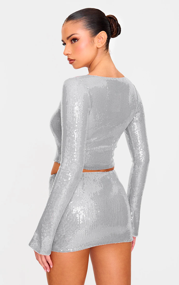 Silver Sequin Long Sleeve Tie Front Top 2 Silver Sequin Long Sleeve Tie Front Top