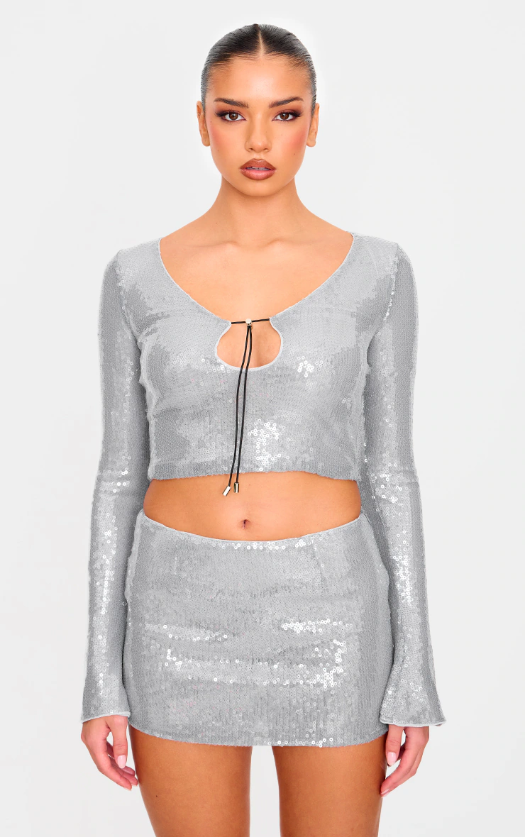 Silver Sequin Long Sleeve Tie Front Top 4 Silver Sequin Long Sleeve Tie Front Top