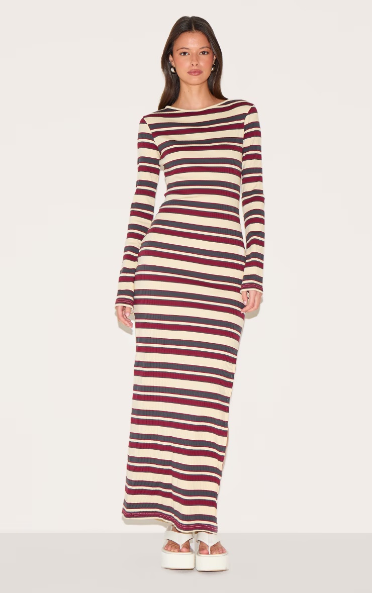 Burgundy Striped Boat Neck Long Sleeve Bodycon Dress 4 Burgundy Striped Boat Neck Long Sleeve Bodycon Dress