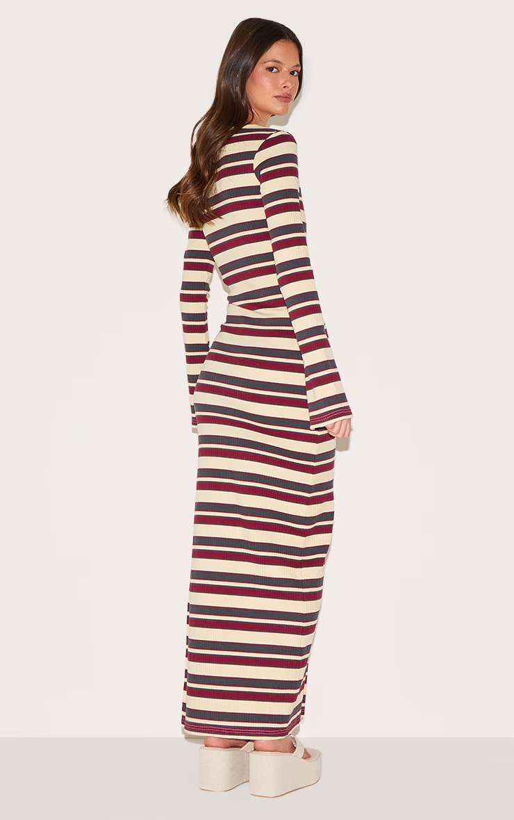 Burgundy Striped Boat Neck Long Sleeve Bodycon Dress 5 Burgundy Striped Boat Neck Long Sleeve Bodycon Dress