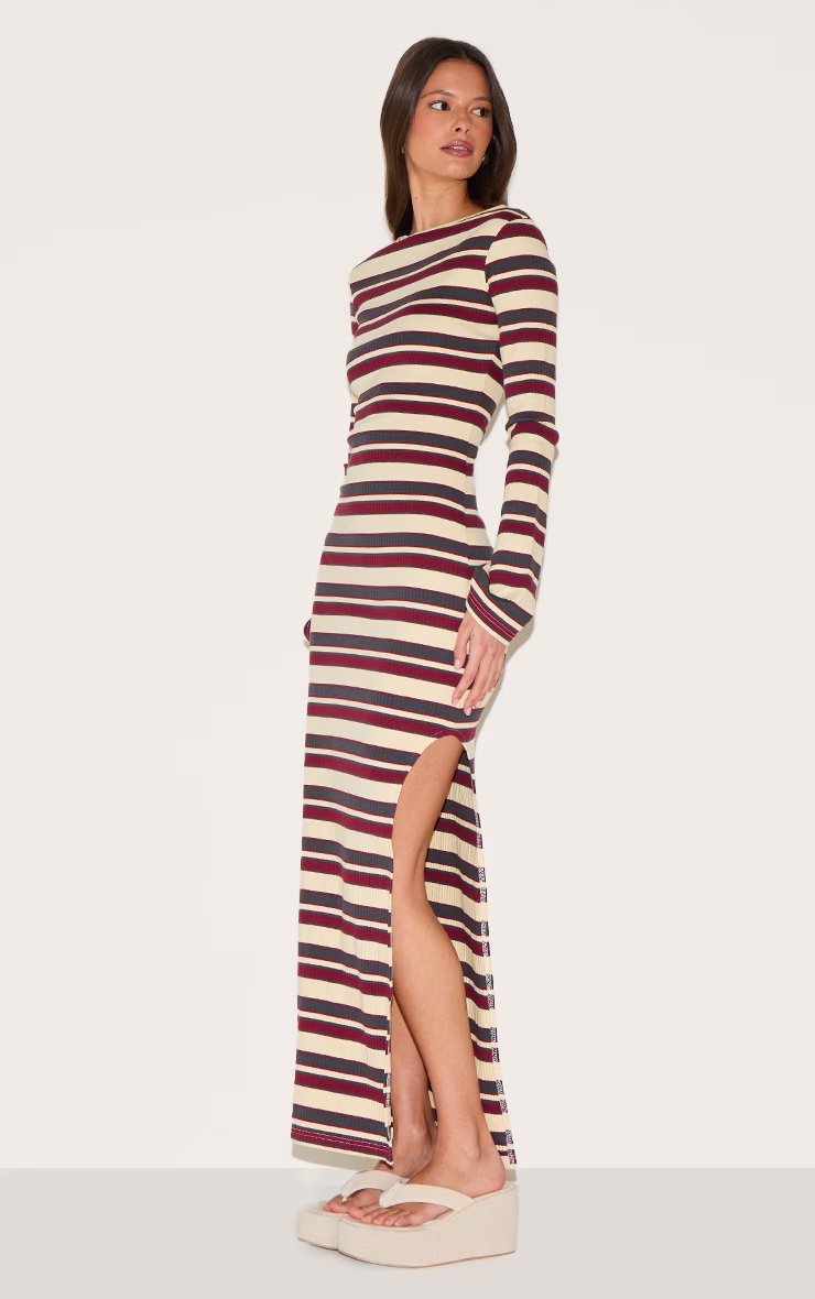 Burgundy Striped Boat Neck Long Sleeve Bodycon Dress 6 Burgundy Striped Boat Neck Long Sleeve Bodycon Dress
