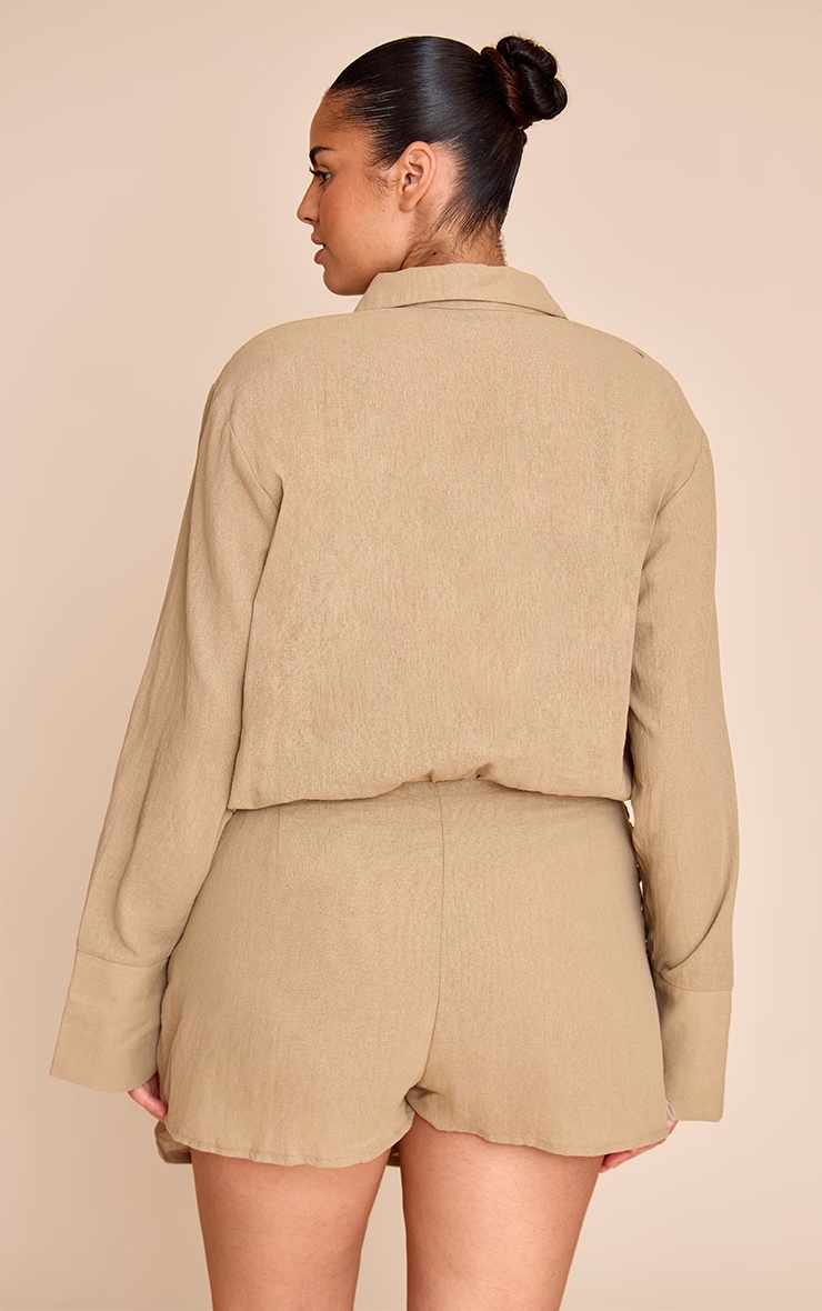 Plus Khaki Linen Look Shirt Style Long Sleeve Skort Playsuit 2 Plus Khaki Linen Look Shirt Style Long Sleeve Skort Playsuit