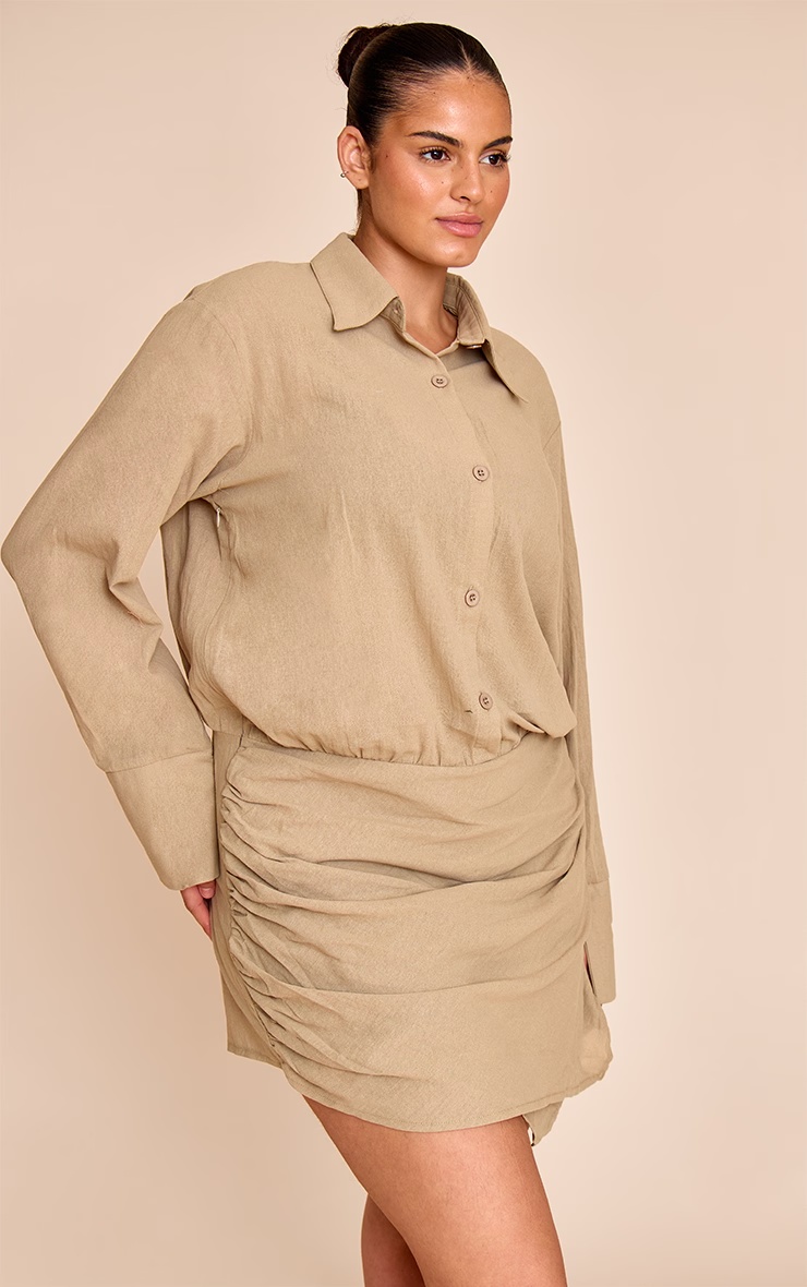 Plus Khaki Linen Look Shirt Style Long Sleeve Skort Playsuit 6 Plus Khaki Linen Look Shirt Style Long Sleeve Skort Playsuit
