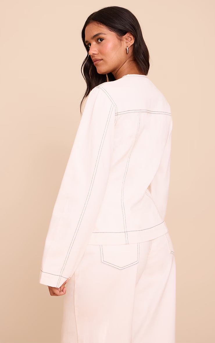 White Contrast Stitch Cinched Long Sleeve Denim Jacket 5 White Contrast Stitch Cinched Long Sleeve Denim Jacket