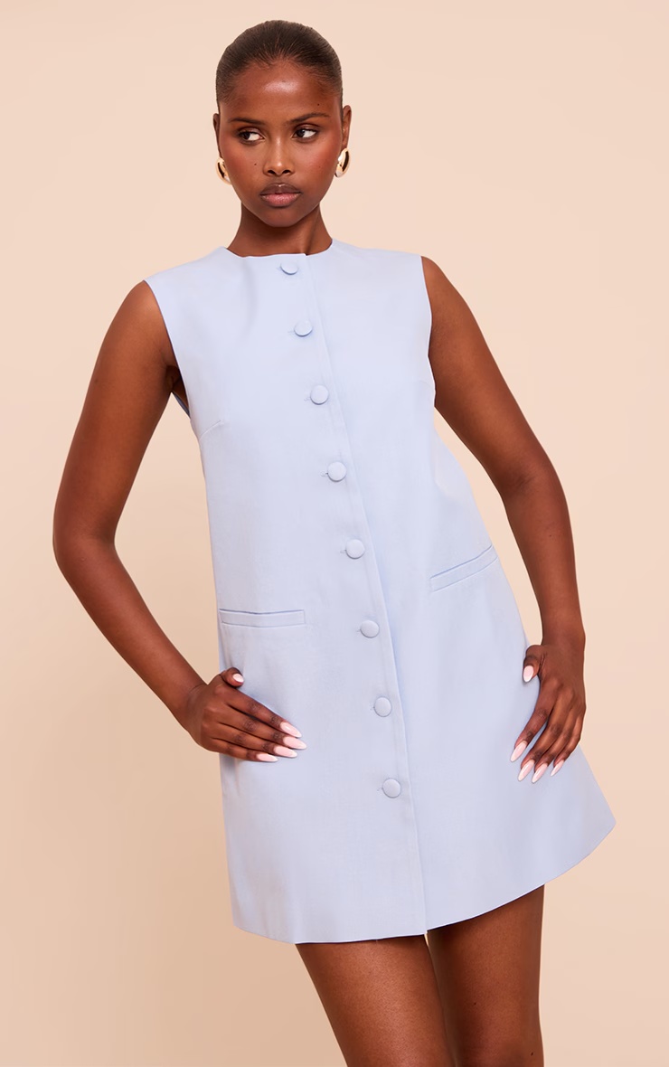 Light Blue Tailored Woven Button Down A Line Mini Dress 1 Light Blue Tailored Woven Button Down A Line Mini Dress