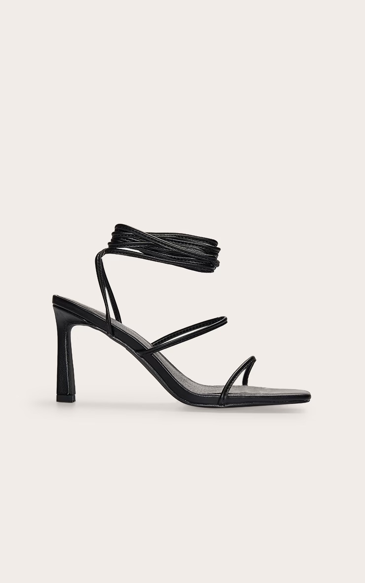 Black Pu Square Toe Strappy Lace Up Mid Stiletto Heeled Sandals 2 Black Pu Square Toe Strappy Lace Up Mid Stiletto Heeled Sandals