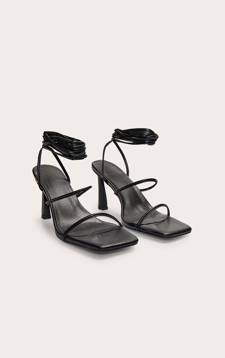 Black Pu Square Toe Strappy Lace Up Mid Stiletto Heeled Sandals 3 Black Pu Square Toe Strappy Lace Up Mid Stiletto Heeled Sandals