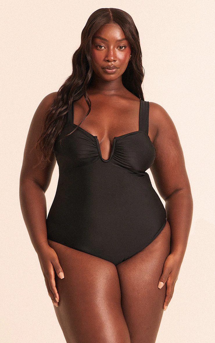 Plus Black Underwired U Bar Ruched Cup Swimsuit