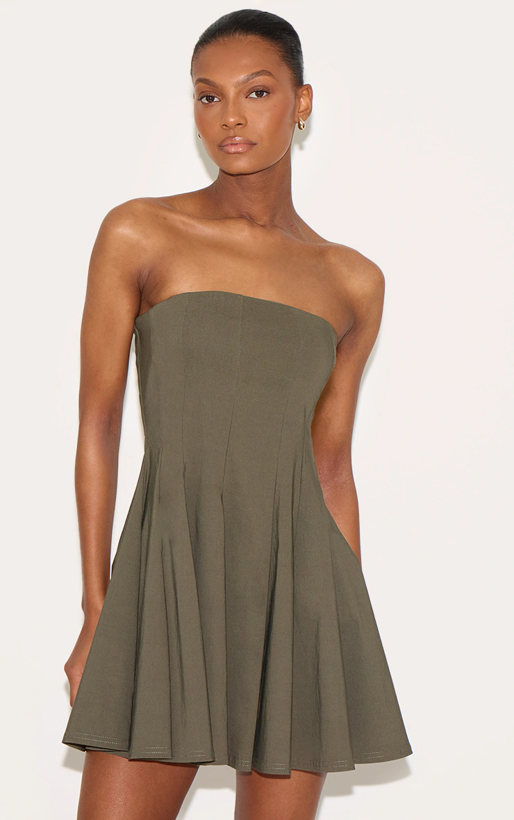 Khaki Stretch Woven Bandeau Pleated Shift Dress 4 Khaki Stretch Woven Bandeau Pleated Shift Dress