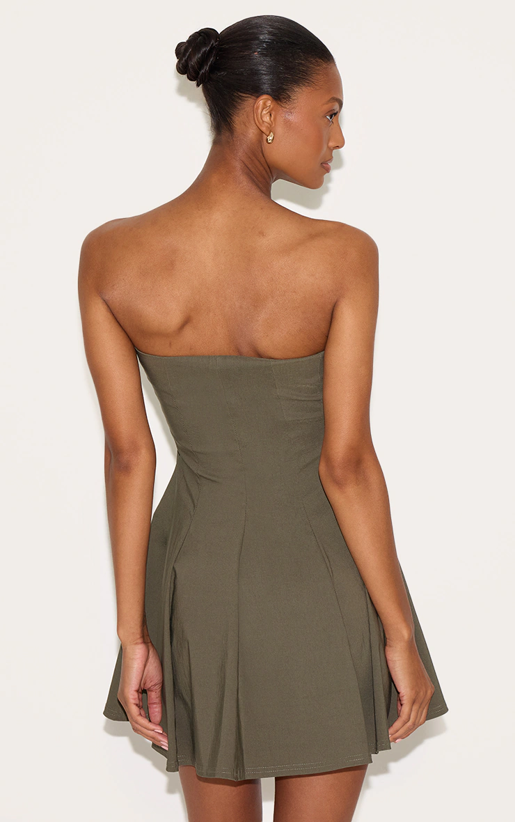Khaki Stretch Woven Bandeau Pleated Shift Dress 5 Khaki Stretch Woven Bandeau Pleated Shift Dress