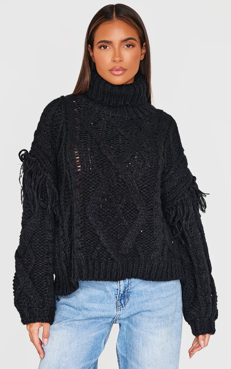 Black Cable Knit Tassel Detail Roll Neck Jumper