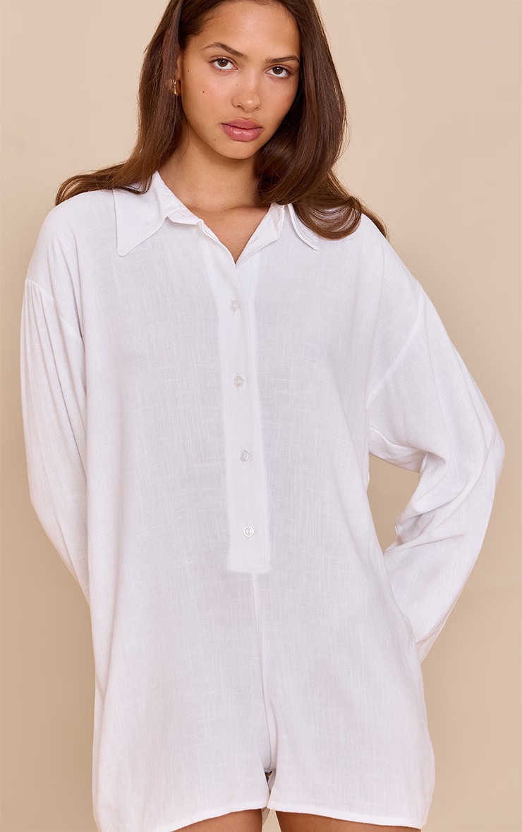 White Linen Look Floaty Shirt Detail Playsuit 1 White Linen Look Floaty Shirt Detail Playsuit
