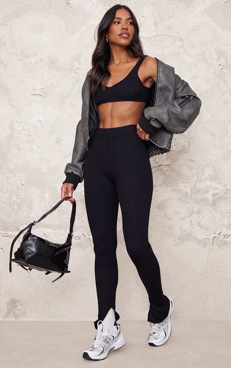 Black Knitted Split Hem Flare Trousers 1 Black Knitted Split Hem Flare Trousers