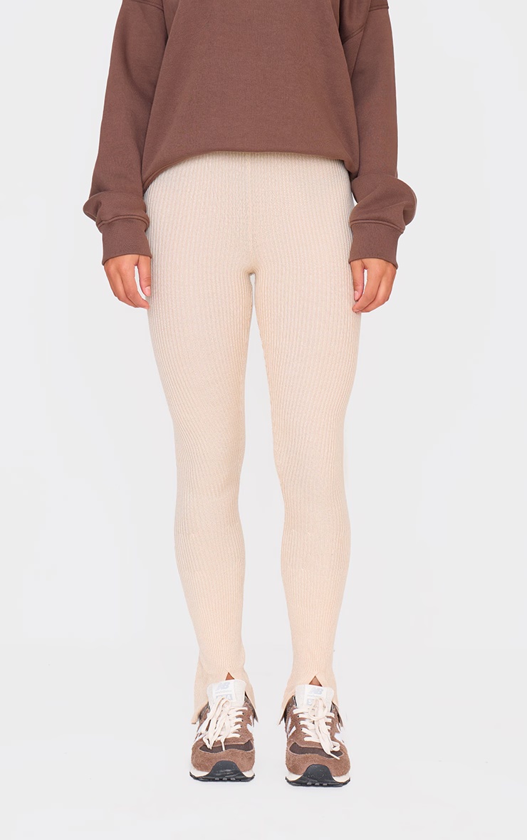 Oatmeal Knitted Split Hem Flare Trousers 2 Oatmeal Knitted Split Hem Flare Trousers