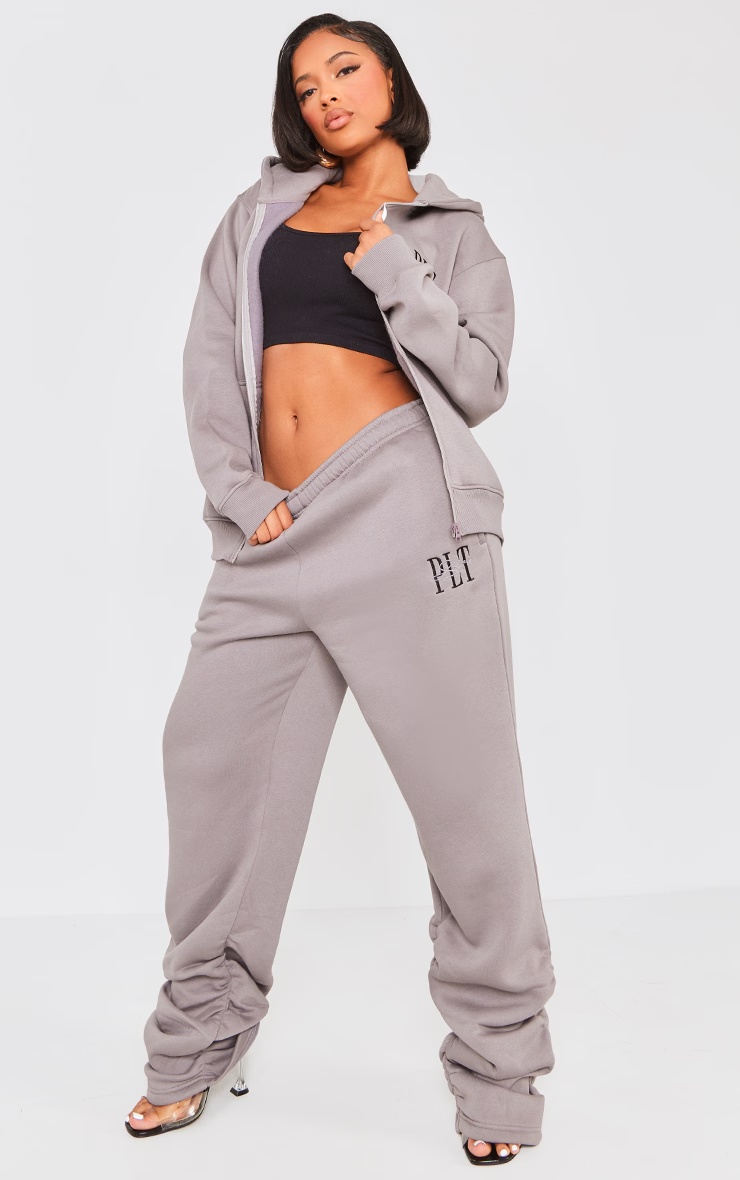 PRETTYLITTLETHING Shape Charcoal Embroidered Ruched Leg Joggers