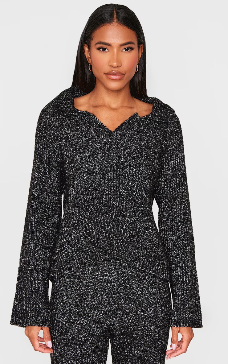 Black Marl Knit V Neck Oversized Jumper