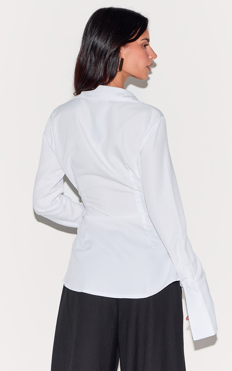 White Asymmetric Cinched Deep Cuff Shirt 5 White Asymmetric Cinched Deep Cuff Shirt