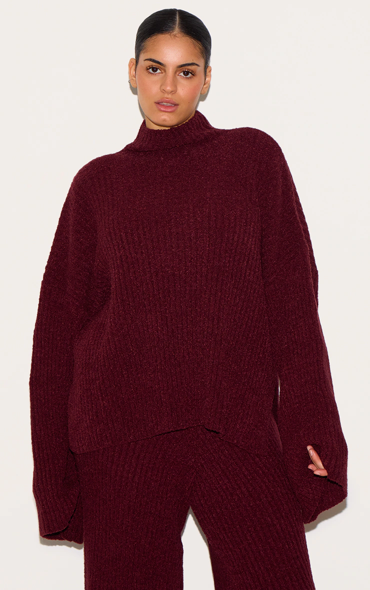 Plus Burgundy Rib Boucle Knit Oversized Jumper