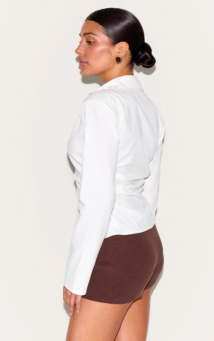 Petite White Linen Look Shoulder Padded Fitted Shirt 2 Petite White Linen Look Shoulder Padded Fitted Shirt