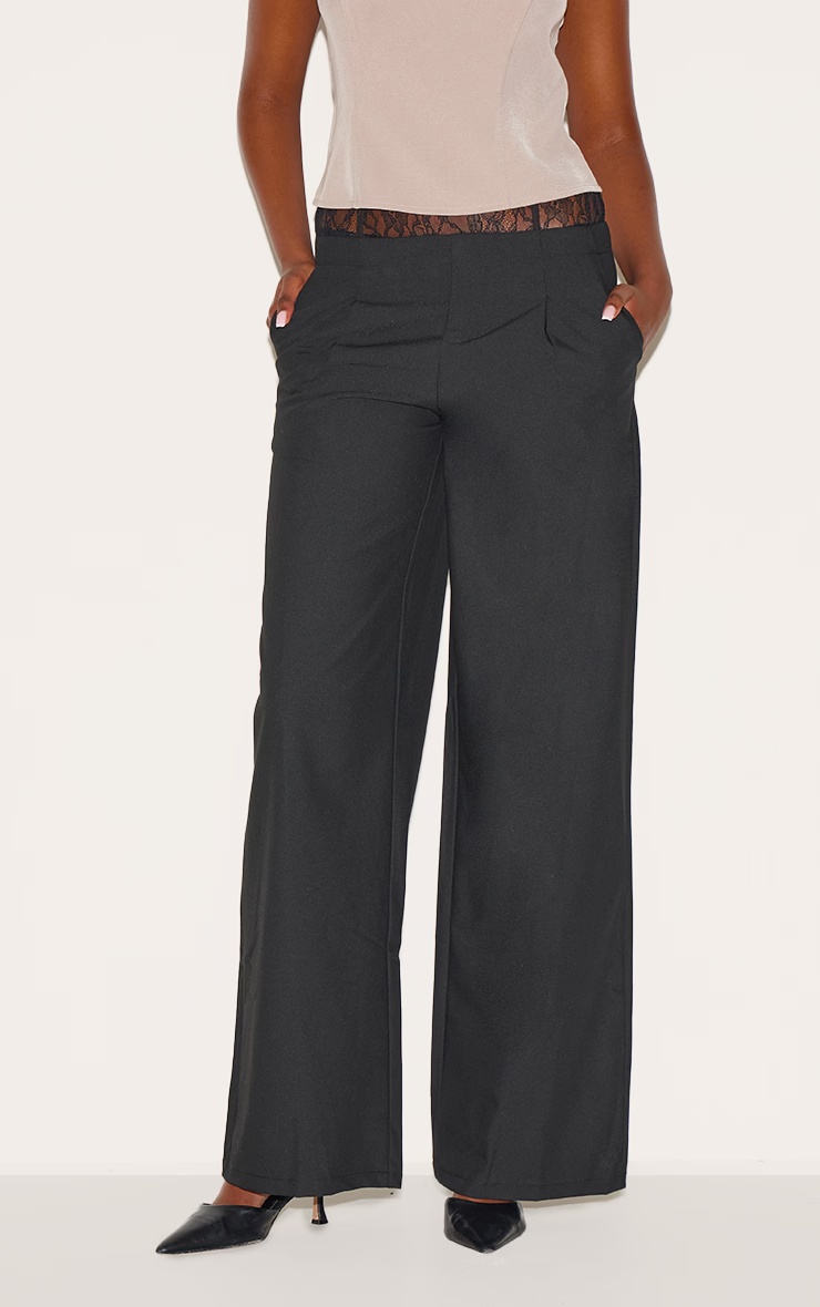 Black Lace Waist Detail Woven Wide Leg Trousers