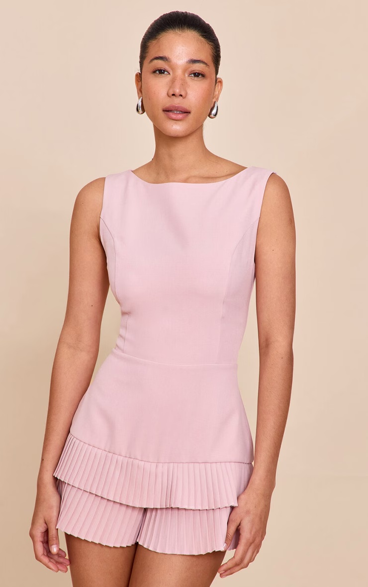 Baby Pink Woven Boat Neck Ruffle Detail Playsuit