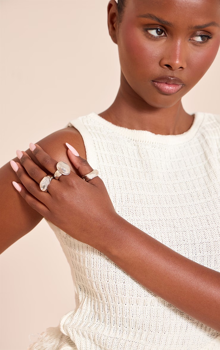 Silver Molten Multi Pack Rings with Crystal Detail