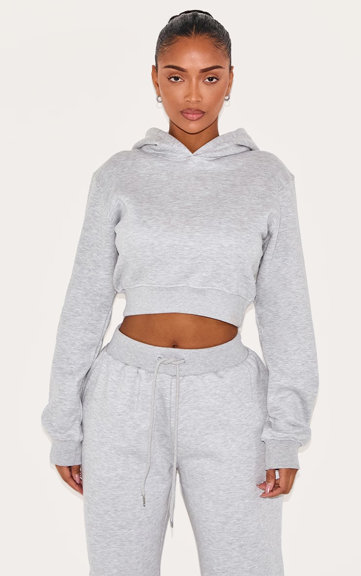 PRETTYLITTLETHING Shape Grey Marl Printed Back Cinched Waist Cropped Hoodie