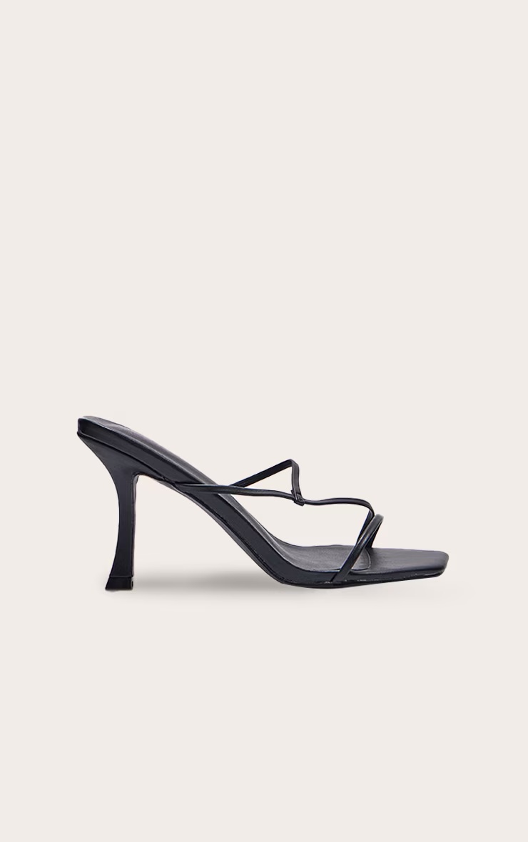 Black PU Square Toe Strappy Mid Heeled Mules