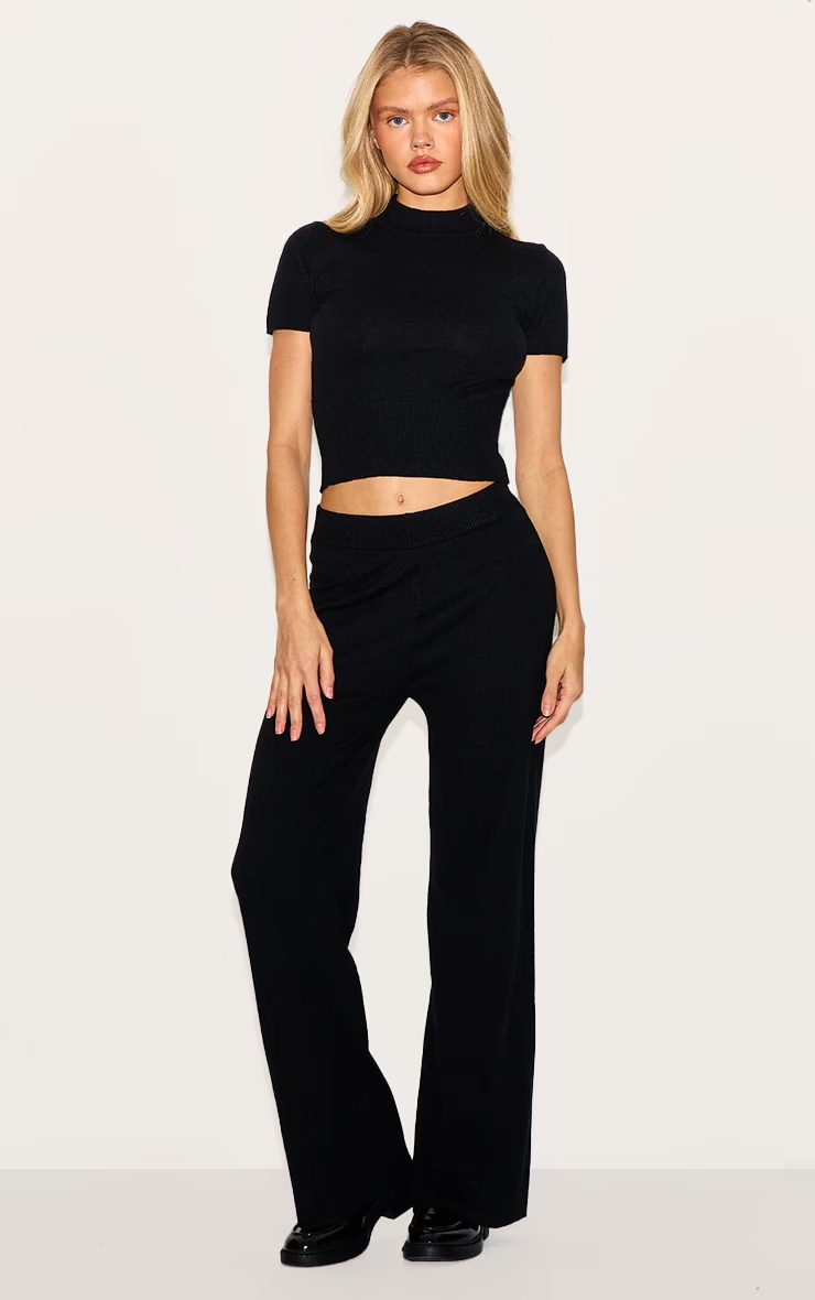Black Basic Knit Wide Leg Trousers